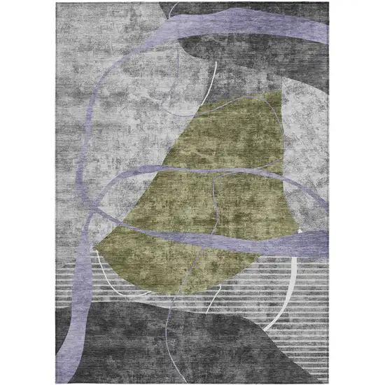 Olive Green Gray And Charcoal Abstract Washable Indoor Outdoor Area Rug Photo 7