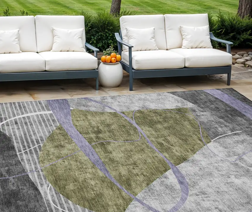 Olive Green Gray And Charcoal Abstract Washable Indoor Outdoor Area Rug Photo 1