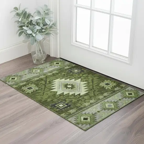 Olive Green Gray And Charcoal Geometric Washable Area Rug With UV Protection Photo 2