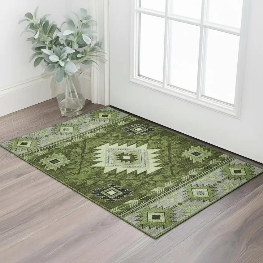 Olive Green Gray And Charcoal Geometric Washable Area Rug With UV Protection Photo 2