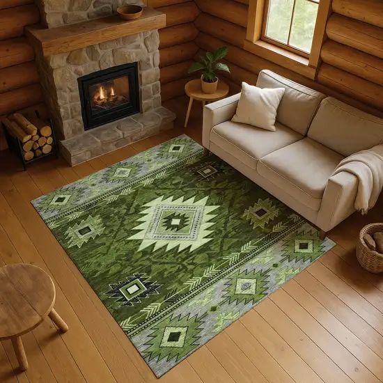 Olive Green Gray And Charcoal Geometric Washable Area Rug With UV Protection Photo 4