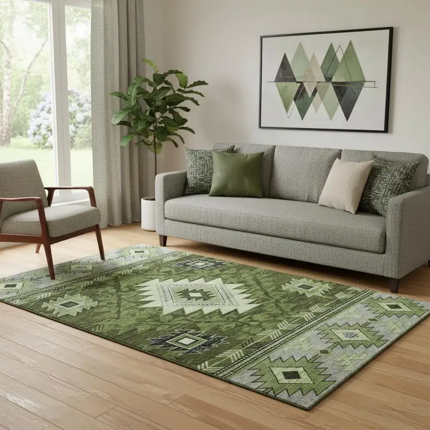 Olive Green Gray And Charcoal Geometric Washable Area Rug With UV Protection Photo 2