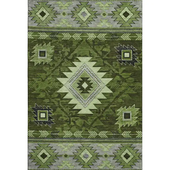 Olive Green Gray And Charcoal Geometric Washable Area Rug With UV Protection Photo 1