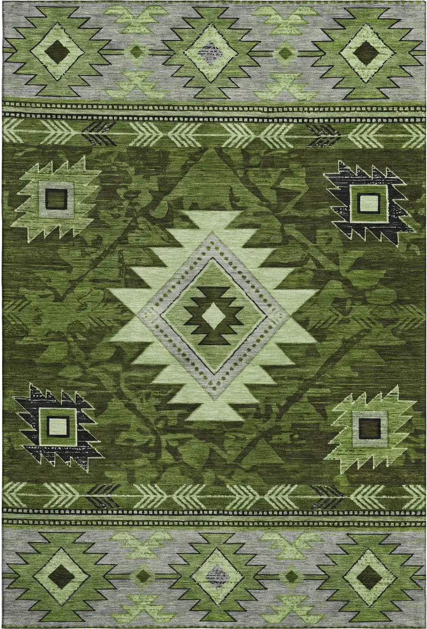 Olive Green Gray And Charcoal Geometric Washable Area Rug With UV Protection Photo 1