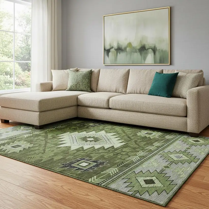 Olive Green Gray And Charcoal Geometric Washable Area Rug With UV Protection Photo 2