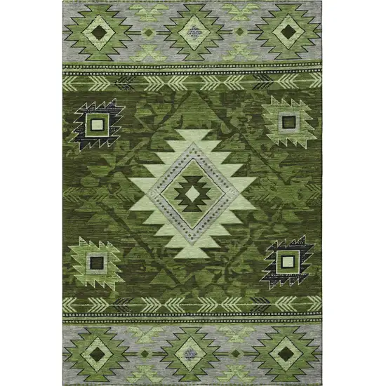 Olive Green Gray And Charcoal Geometric Washable Area Rug With UV Protection Photo 4