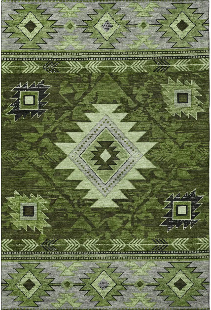 Olive Green Gray And Charcoal Geometric Washable Area Rug With UV Protection Photo 4