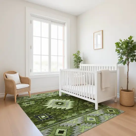 Olive Green Gray And Charcoal Geometric Washable Area Rug With UV Protection Photo 5