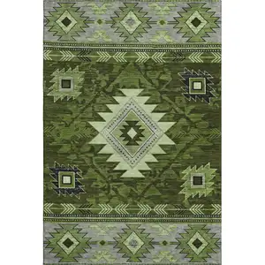 Photo of Olive Green Gray And Charcoal Geometric Washable Area Rug With UV Protection