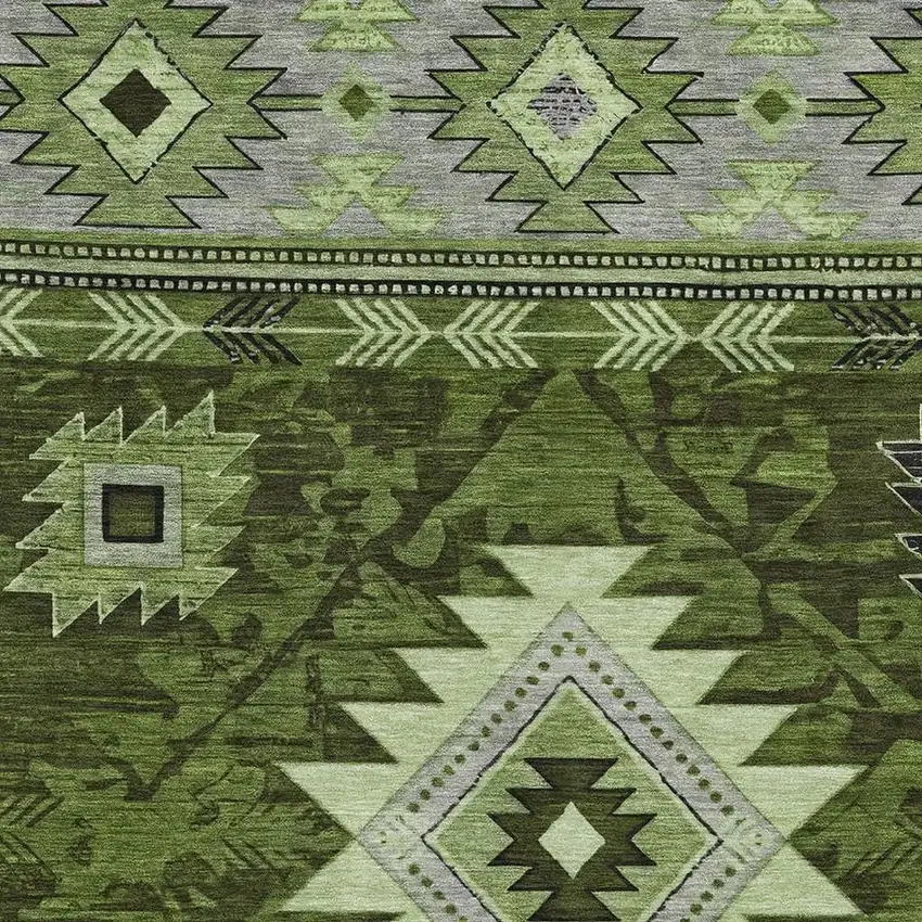 Olive Green Gray And Charcoal Geometric Washable Area Rug With UV Protection Photo 2