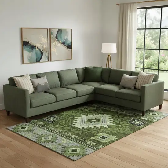 Olive Green Gray And Charcoal Geometric Washable Area Rug With UV Protection Photo 2