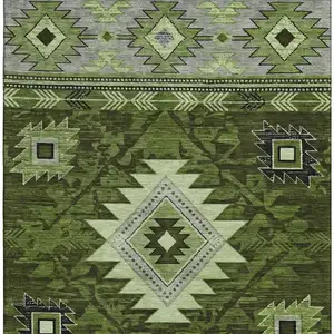 Photo of Olive Green Gray And Charcoal Geometric Washable Area Rug With UV Protection