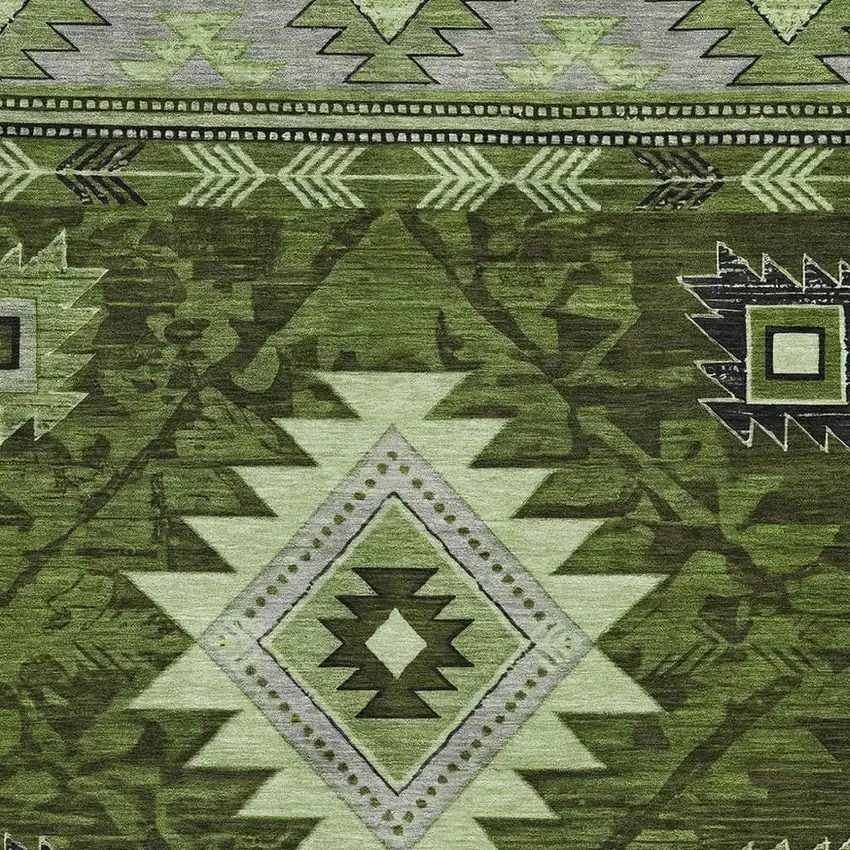 Olive Green Gray And Charcoal Geometric Washable Area Rug With UV Protection Photo 2