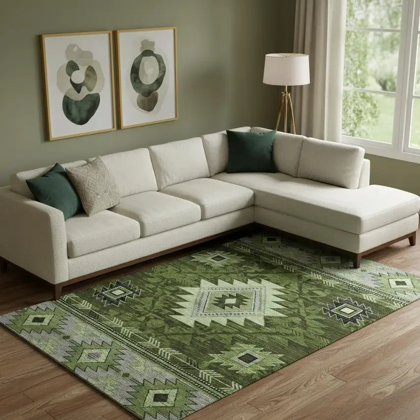 Olive Green Gray And Charcoal Geometric Washable Area Rug With UV Protection Photo 2