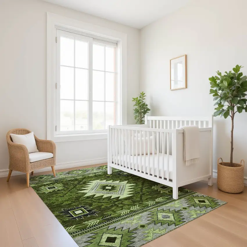 Olive Green Gray And Charcoal Geometric Washable Area Rug With UV Protection Photo 5