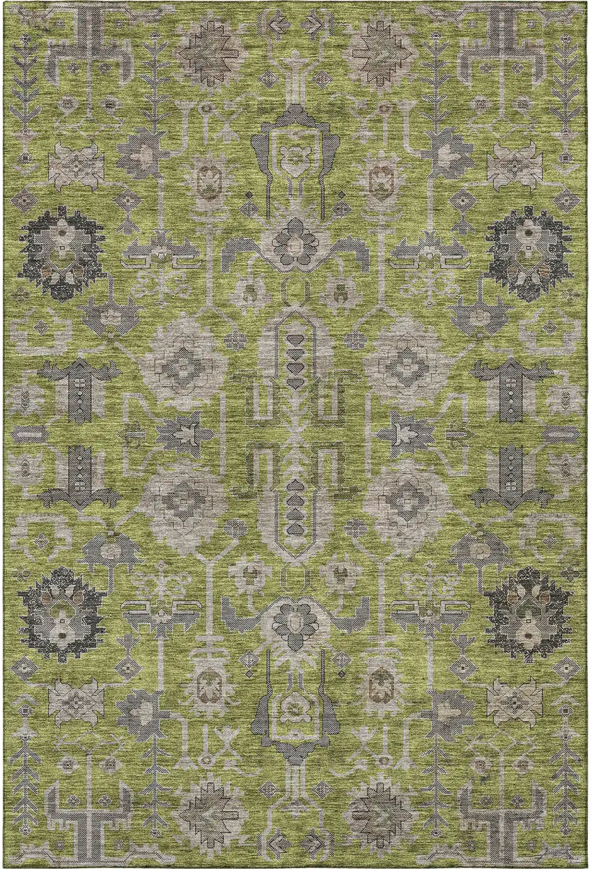 Olive Green Gray And Charcoal Oriental Washable Area Rug With UV Protection Photo 3