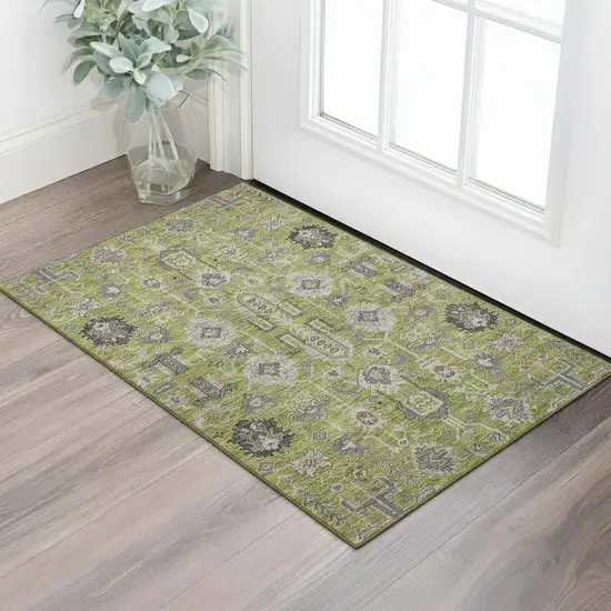 Olive Green Gray And Charcoal Oriental Washable Area Rug With UV Protection Photo 1