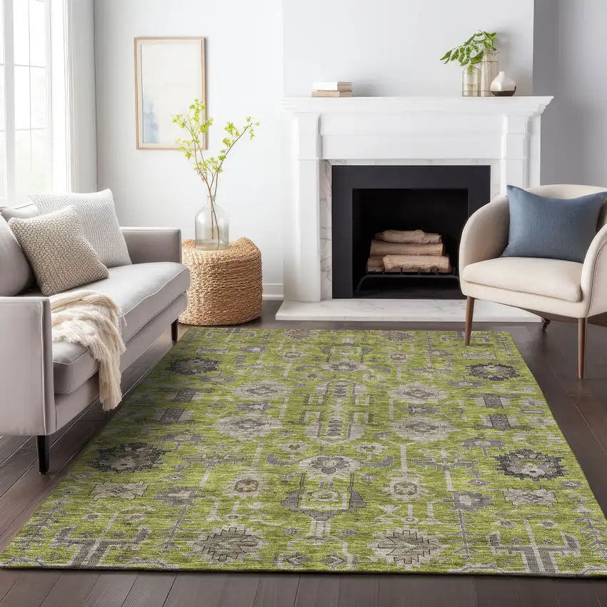 Olive Green Gray And Charcoal Oriental Washable Area Rug With UV Protection Photo 4