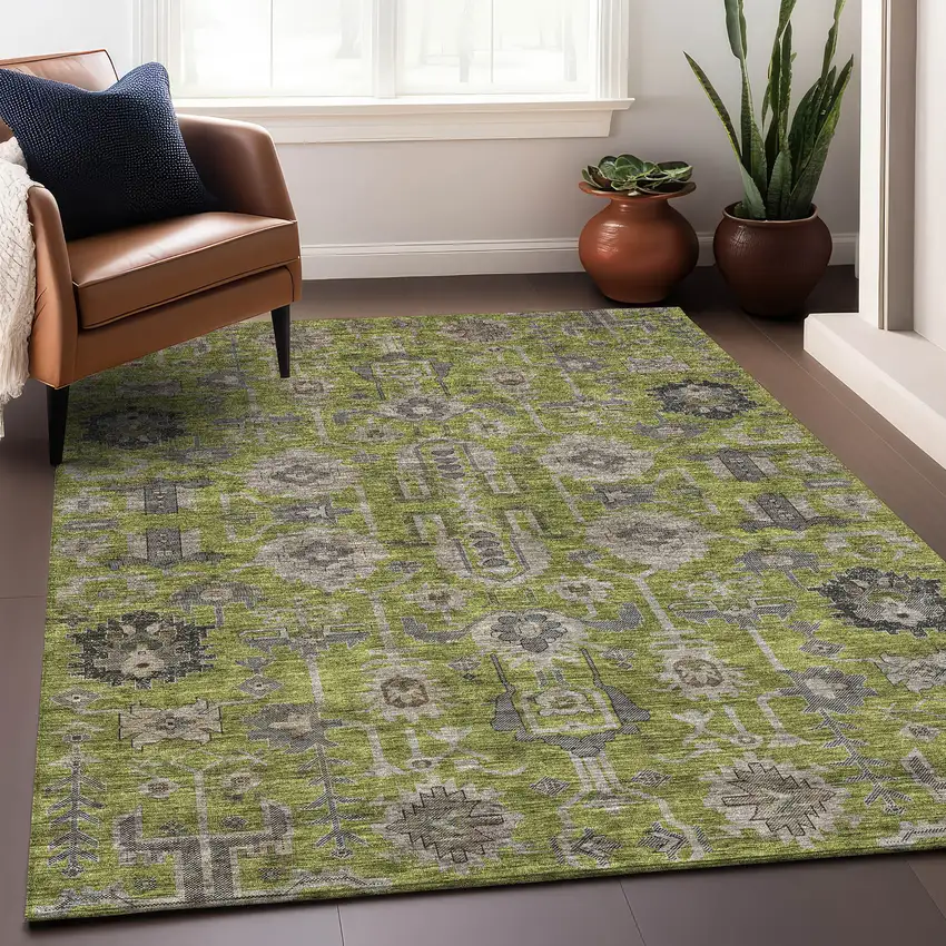 Olive Green Gray And Charcoal Oriental Washable Area Rug With UV Protection Photo 5