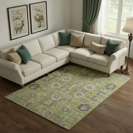 Olive Green Gray And Charcoal Oriental Washable Area Rug With UV Protection Photo 1