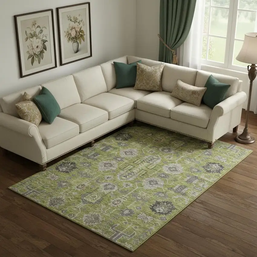 Olive Green Gray And Charcoal Oriental Washable Area Rug With UV Protection Photo 1