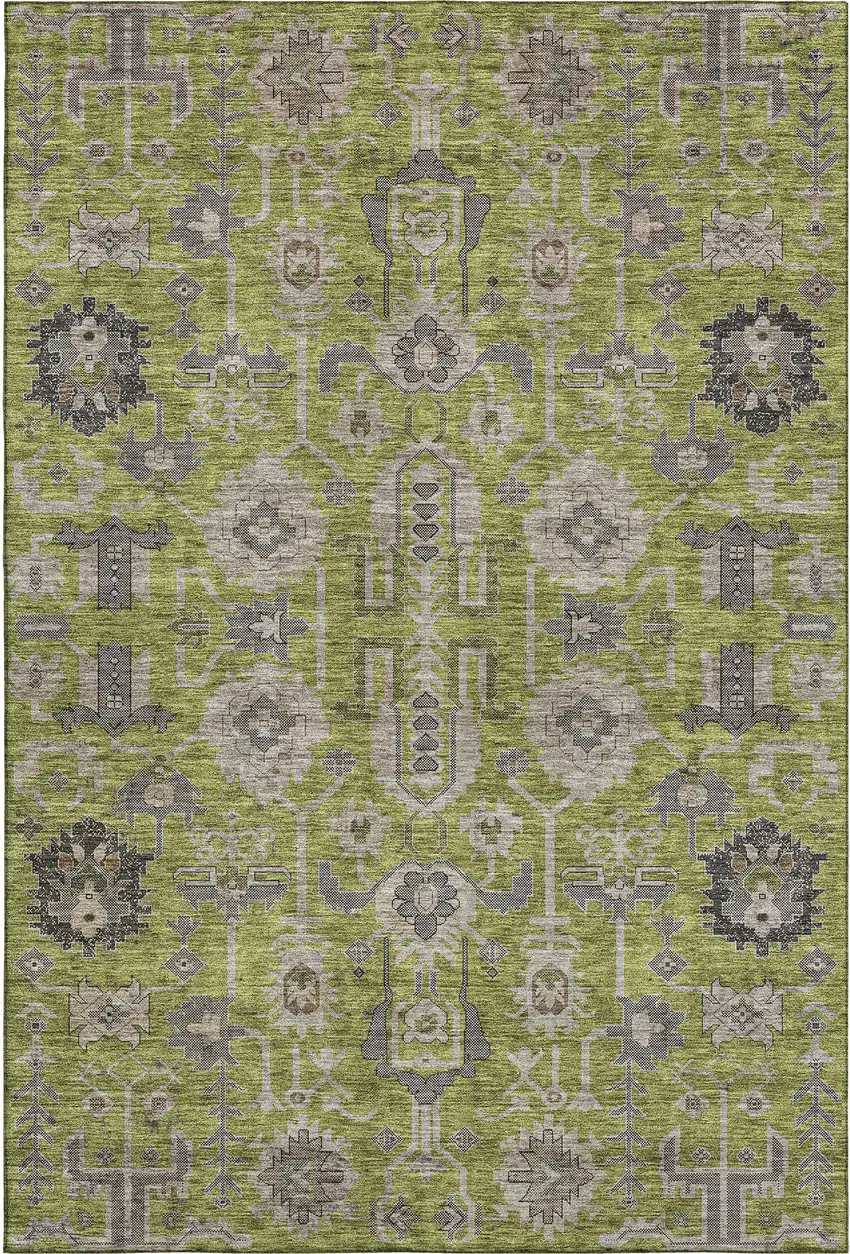Olive Green Gray And Charcoal Oriental Washable Area Rug With UV Protection Photo 1