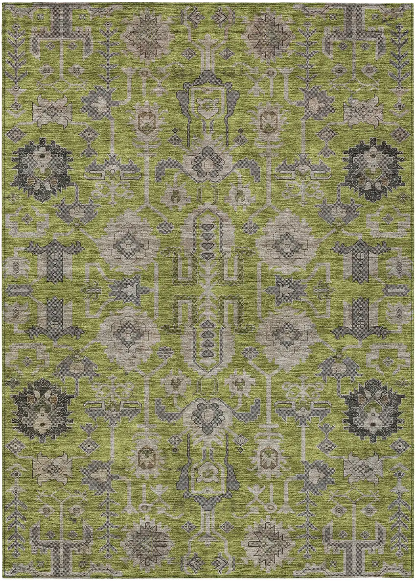 Olive Green Gray And Charcoal Oriental Washable Indoor Outdoor Area Rug Photo 1