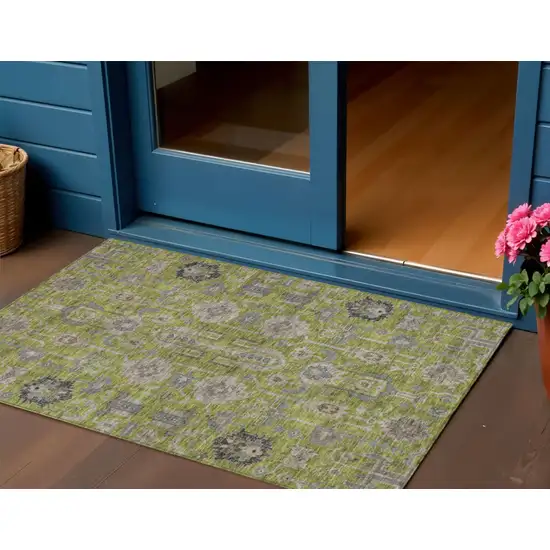 Olive Green Gray And Charcoal Oriental Washable Indoor Outdoor Area Rug Photo 1