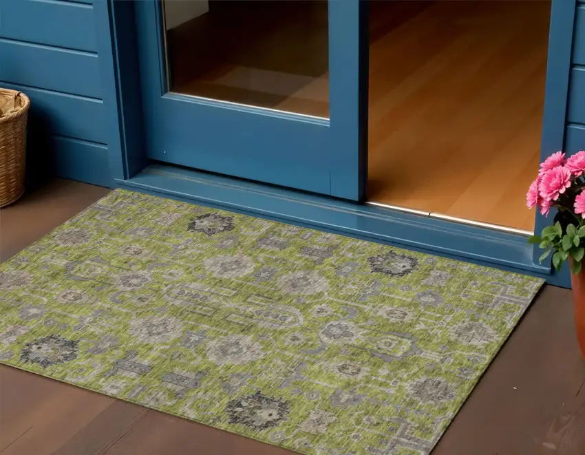 Olive Green Gray And Charcoal Oriental Washable Indoor Outdoor Area Rug Photo 1