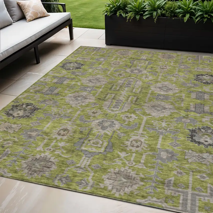 Olive Green Gray And Charcoal Oriental Washable Indoor Outdoor Area Rug Photo 1