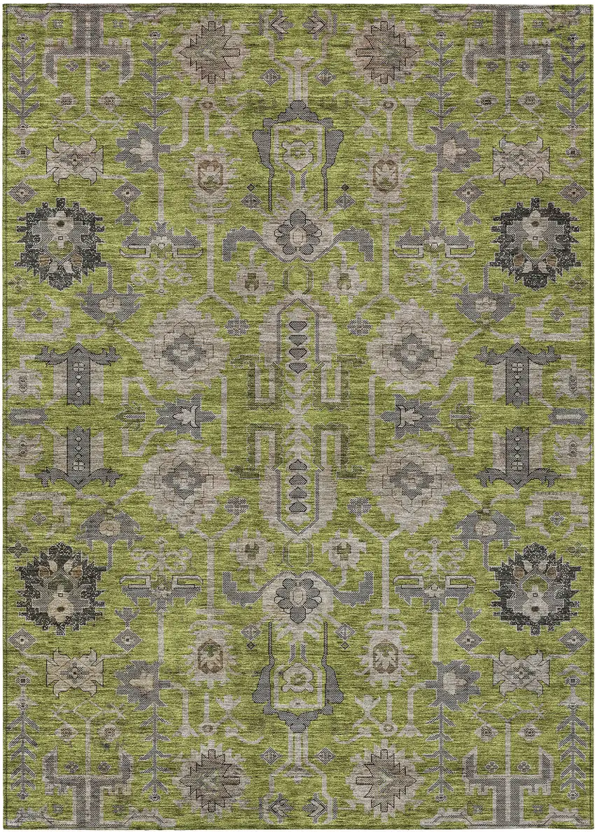 Olive Green Gray And Charcoal Oriental Washable Indoor Outdoor Area Rug Photo 1