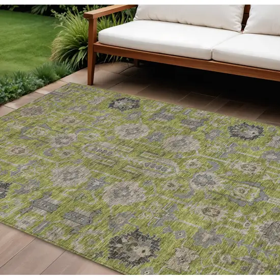 Olive Green Gray And Charcoal Oriental Washable Indoor Outdoor Area Rug Photo 1