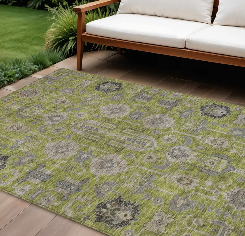 Olive Green Gray And Charcoal Oriental Washable Indoor Outdoor Area Rug Photo 1