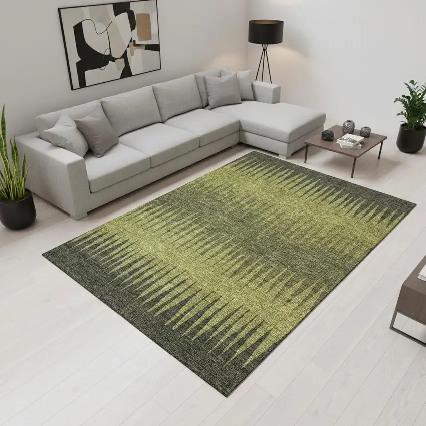 Olive Green Gray And Fern Green Striped Washable Area Rug With UV Protection Photo 2