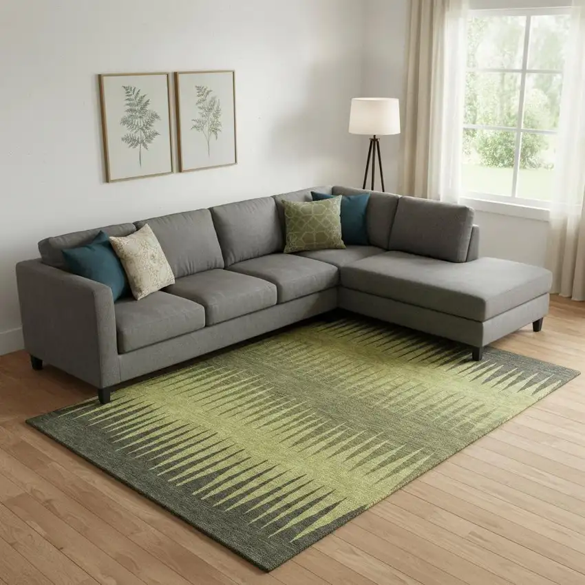 Olive Green Gray And Fern Green Striped Washable Area Rug With UV Protection Photo 1