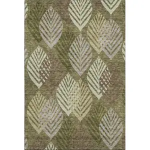 Photo of Olive Green Gray And Gold Floral Washable Area Rug With UV Protection