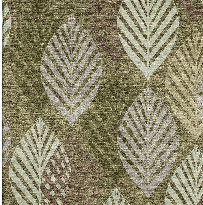 Olive Green Gray And Gold Floral Washable Area Rug With UV Protection Photo 3