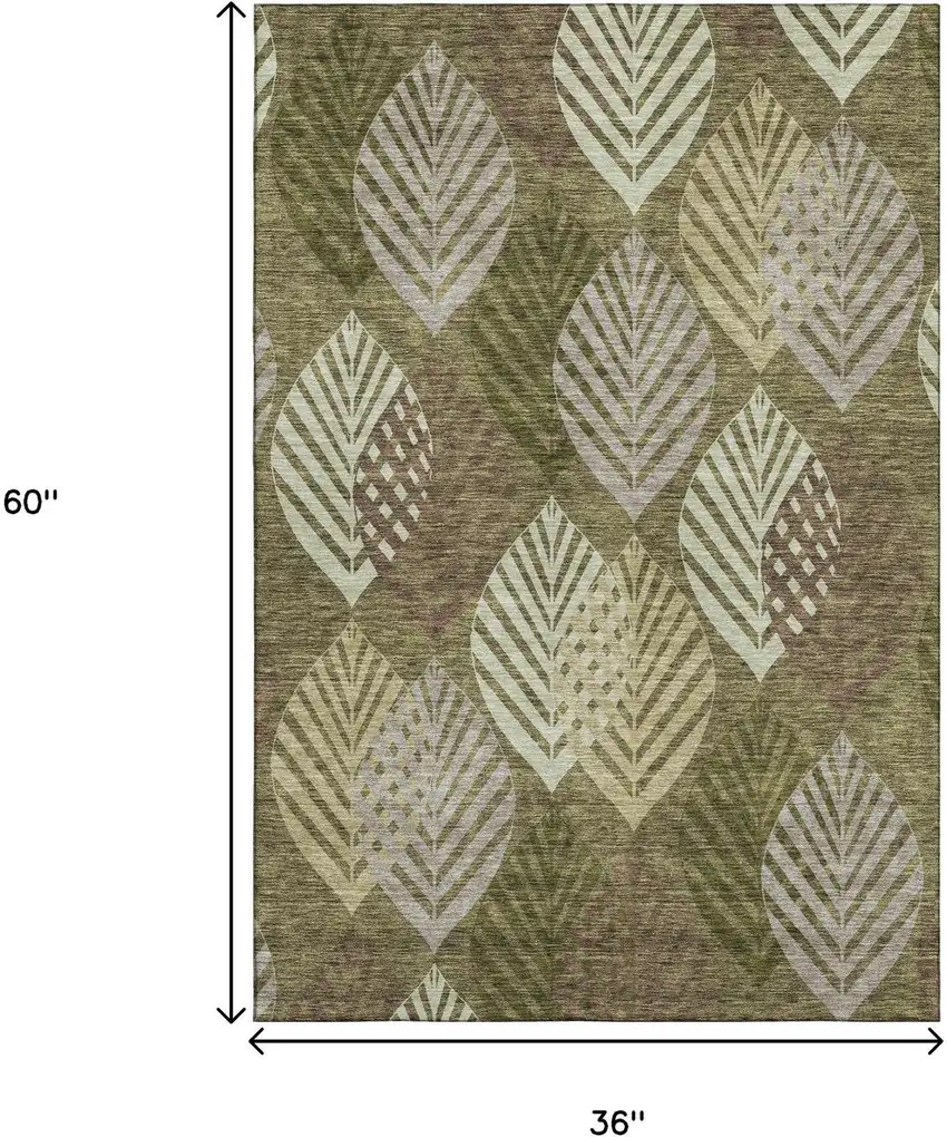 Olive Green Gray And Gold Floral Washable Area Rug With UV Protection Photo 3