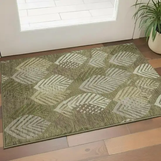 Olive Green Gray And Gold Floral Washable Area Rug With UV Protection Photo 1