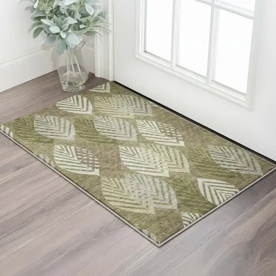 Olive Green Gray And Gold Floral Washable Area Rug With UV Protection Photo 2