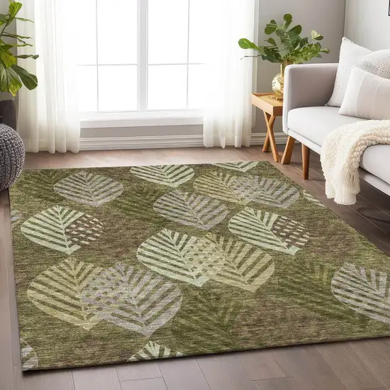Olive Green Gray And Gold Floral Washable Area Rug With UV Protection Photo 5