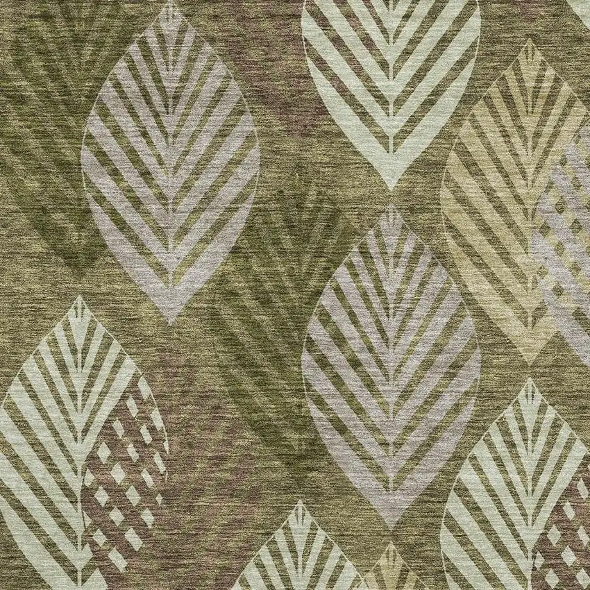 Olive Green Gray And Gold Floral Washable Area Rug With UV Protection Photo 3