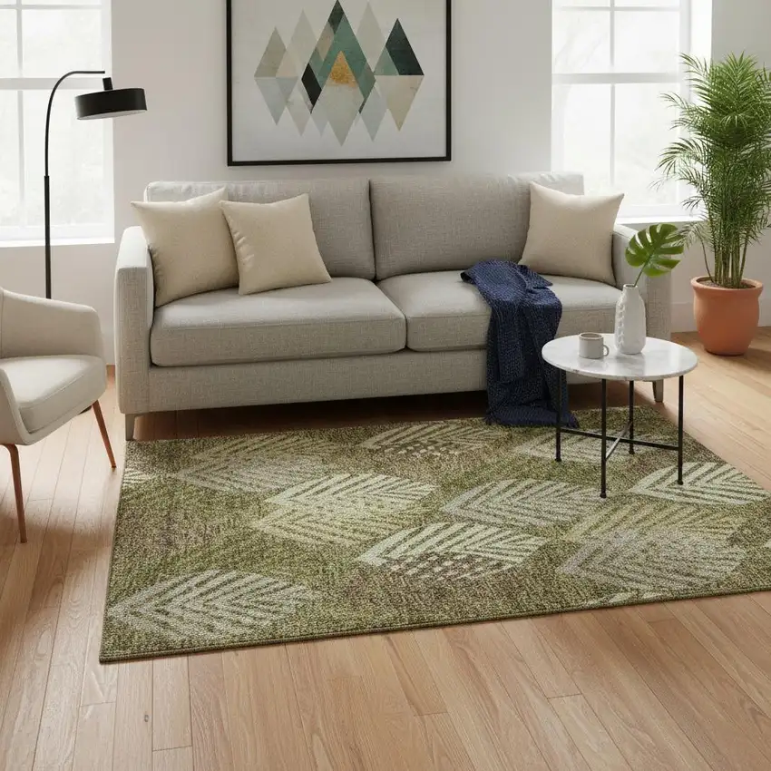 Olive Green Gray And Gold Floral Washable Area Rug With UV Protection Photo 2