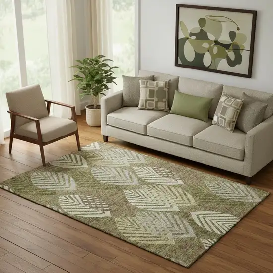 Olive Green Gray And Gold Floral Washable Area Rug With UV Protection Photo 1