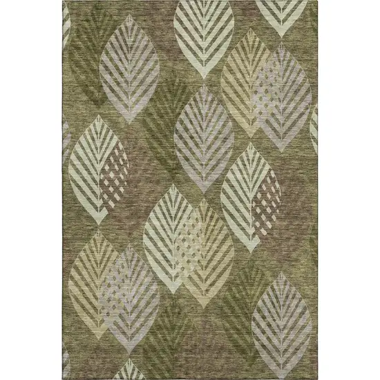 Olive Green Gray And Gold Floral Washable Area Rug With UV Protection Photo 2