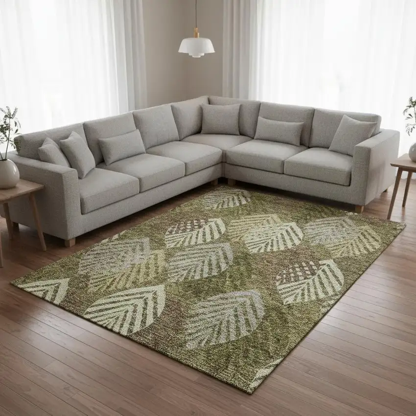 Olive Green Gray And Gold Floral Washable Area Rug With UV Protection Photo 2