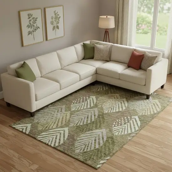 Olive Green Gray And Gold Floral Washable Area Rug With UV Protection Photo 1