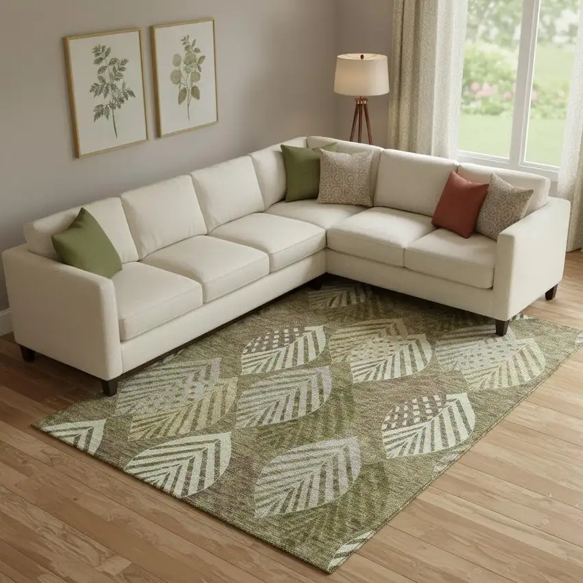 Olive Green Gray And Gold Floral Washable Area Rug With UV Protection Photo 1