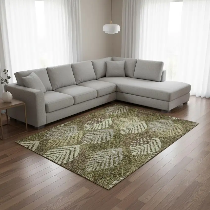 Olive Green Gray And Gold Floral Washable Area Rug With UV Protection Photo 2