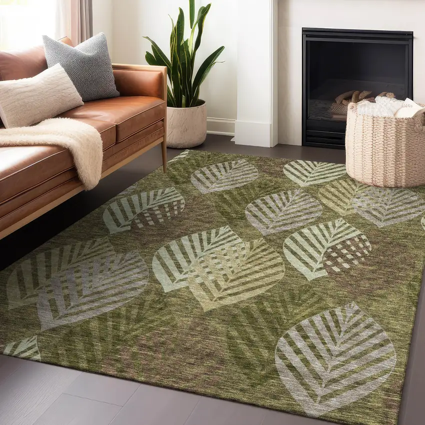 Olive Green Gray And Gold Floral Washable Area Rug With UV Protection Photo 6